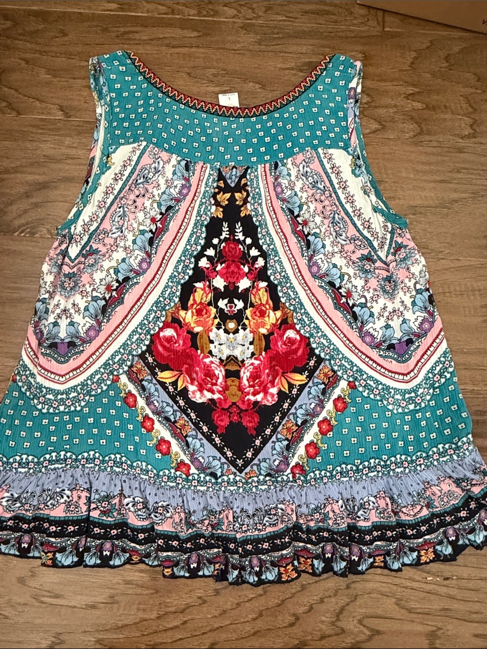 Bila Boho Floral Print Sleeveless Top in Teal with Ruffle Bottom SZ L - Picture 7 of 7
